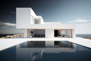 Fototapeta na wymiar Luxury residential villa with modern architecture, swimming pool and sea view. Generative AI illustration