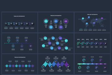 Set timeline dark infographics elements with 5, 6, 7, 9, 10 options, template for web on a black background.