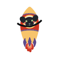 Cute funny indri flying space ship, rocket cartoon character illustration. Hand drawn animal, Scandinavian style flat design, isolated vector. Kids print element, space adventure, travel, science