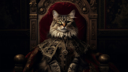 Royal cat sitting on a throne. Generative AI