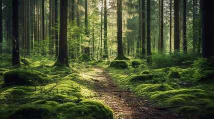 Obraz premium forest , large exotic plants in the forest. Green background. AI