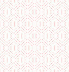 Geometric repeating vector ornament with hexagonal dotted elements. Geometric pink modern ornament. Seamless abstract modern pattern