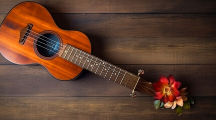 Fototapeta premium guitar on the wooden boards closeup. Generative AI 