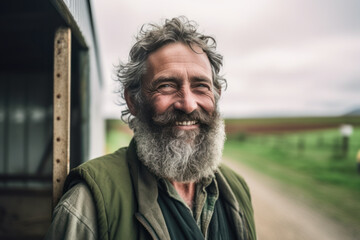 Smiling middle age farmer standing outside his shed. Generative AI. - obrazy, fototapety, plakaty