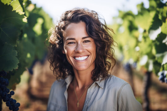 Smiling winemaker standing in a vineyard. Generative AI.