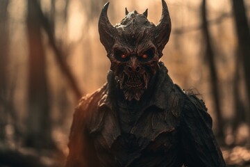 Sinister 3D devil in eerie woods. Generative AI