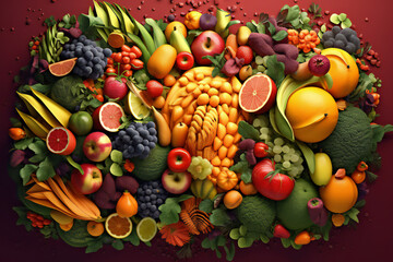 Obraz na płótnie Canvas Fruit, vegetables, and herbs are arranged in decorative