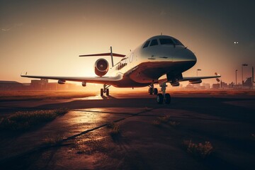Private jet in luxurious evening light post-landing, created using AI. Generative AI