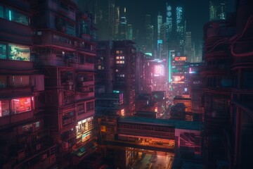 Futuristic urban landscapes with amplified technology, high-rise buildings and neon lights. Generative AI