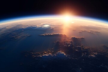 Fototapeta na wymiar Sunrise on blue planet from space. Generative AI