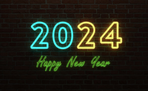 New Year 2024 Creative Design Concept with LED lights - 3D Rendered Image	
