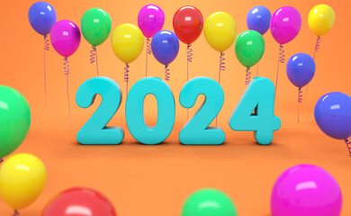 New Year 2024 Creative Design Concept with balloons - 3D Rendered Image	
