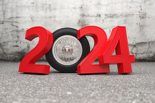 New Year 2024 Creative Design Concept  with wheel - 3D Rendered Image	


