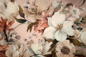 Fototapeta premium design peony flower wallpaper background delicate abstract leaf watercolor illustration seamless. Generative AI.