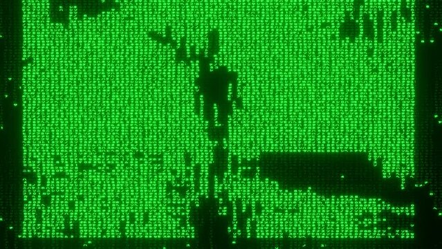 matrix light green text rain falling animation.  Screen infected by a computer virus scene as 3d modeling.
