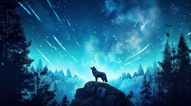 illustration of the silhouette of a wolf howling in the middle of the forest on a big stone with a fabulous starry sky, generated by AI