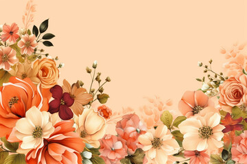 A warm peach background with an assorted flower border Flower wedding card, invitation, banner Generative AI