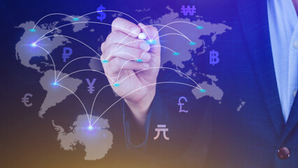 Online banking interbank payment concept. Businessman pressing with virtual global currency...