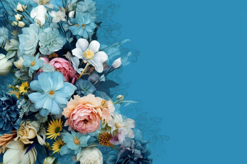 Obraz na płótnie Canvas A calming blue background with an assorted flower border Flower wedding card, invitation, banner Generative AI