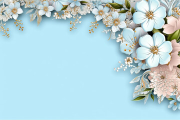 A light baby blue background with a flower border Flower wedding card, invitation, banner Generative AI