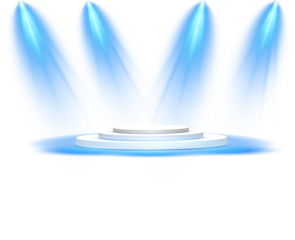 Podium stand isolated on transparent background. White circle plinth, pillar or display stage. Empty prize pedestal with blue projector light beams