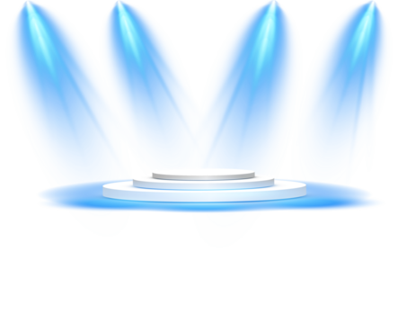 Podium stand isolated on transparent background. White circle plinth, pillar or display stage. Empty prize pedestal with blue projector light beams - Powered by Adobe