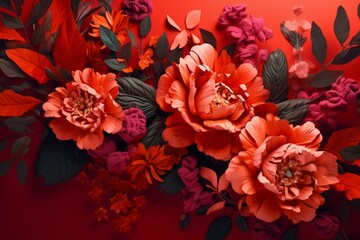 Digital illustration of a floral backdrop in red and orange hues. Generative AI