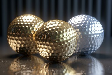 3D model of shiny golf ball in gold, silver, and regular color. Generative AI