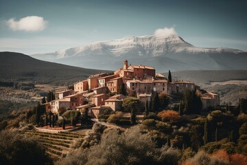 A village in Roussillon with Mount Ventoux in the background, located in the Vaucluse region of Provence, France. Generative AI - obrazy, fototapety, plakaty
