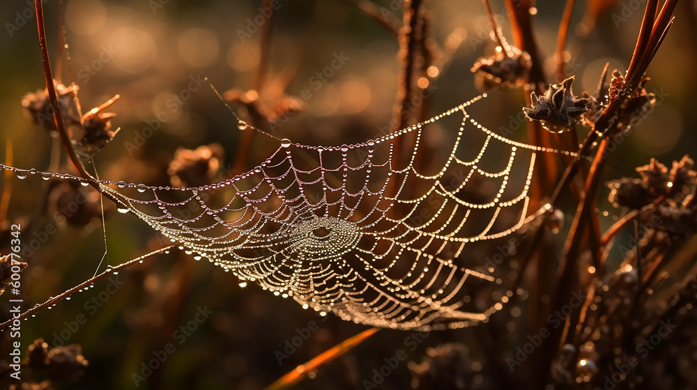 Wall mural spider web with dew drops in the morning. generative ai