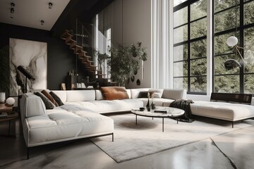 Sleek and modern interior with a white couch. Generative AI