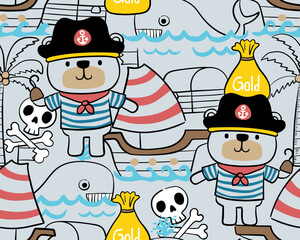 seamless pattern vector of pirate sailing elements with cute bear cartoon