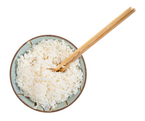 Fototapeta na wymiar top view of boiled rice in bowl with chopsticks cutout on white background