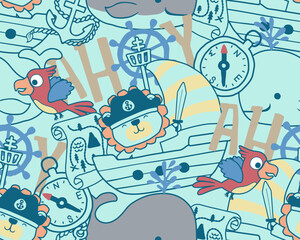 seamless pattern vector of cartoon pirate elements with cute lion and parrot