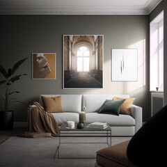 modern living room with sofa, 3D render, design, inspiration, modern colors