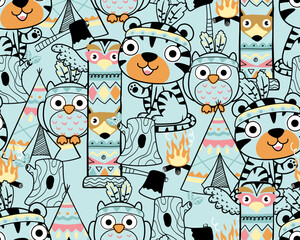 seamless pattern vector of cartoon Indian tribe element with cute tiger and owl