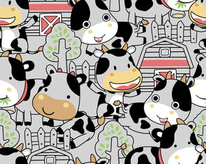 seamless pattern vector of cartoon farm elements with funny cow