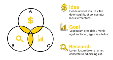 Circle infographics. Template for graph, presentation with idea, goal and research icons. Information with 3 steps. Intersecting circles and sectors. Business analytics, strategy, project development
