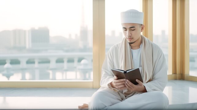 Muslim man sitting and holding Quran with view of Kaaba, Generative AI