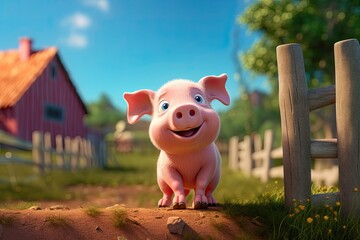 Cute Cartoon Pig on a Farm (Generative AI)