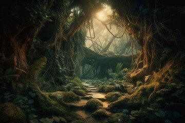 Enchanted forest, imaginary illustration. Generative AI