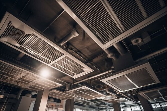 White ceiling air duct for building HVAC. Ventilation installation for air conditioning system. Generative AI