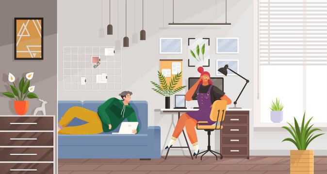 Family works from home. Man lying on sofa with laptop. Woman sitting in chair with computer. Concept of remote work, freelance, distance learning, coworking. Freelancers or students working online