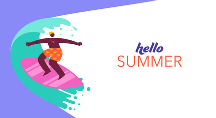 Summer background, summer fun poster with surfing man