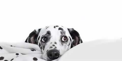 Monochromatic portrait of a Dalmatian showcasing its intense gaze, surrounded by soft fabrics, exuding calm and contemplation.