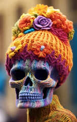 Stunning display of cultural artistry with a multicolored yarn-decorated skull, blending tradition and vibrant creativity in a harmonious design.