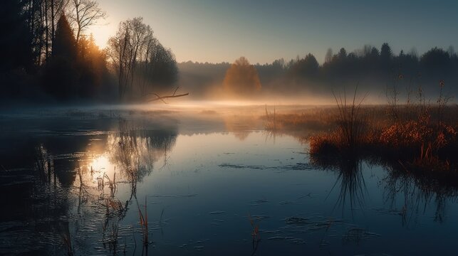 Landscape photo of a foggy lake in the morning. Mysterious lake on an early winter morning. Generative AI