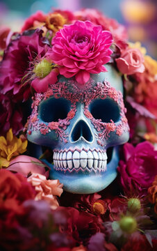 A striking representation of Day of the Dead artistry with a beautifully ornate skull and blossoms, honoring the cycle of life.