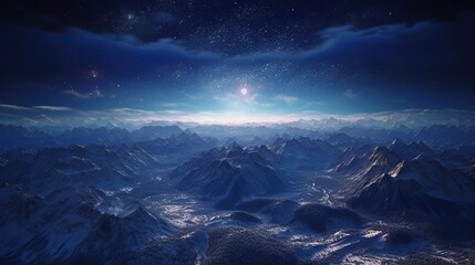 Fototapeta na wymiar View from sky, Vast snowy landscape against a starry sky. Generative AI.