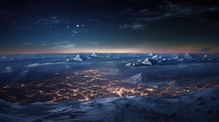 Naklejka na ściany i meble View from sky, Vast snowy landscape against a starry sky. Generative AI.